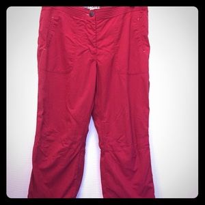 Fleece lined red pants.
